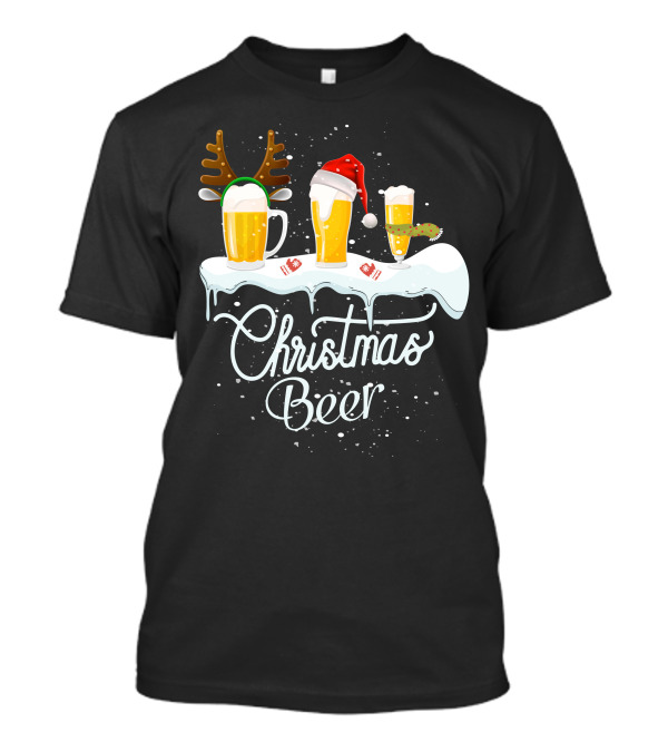 Christmas Beer Reindeer Antlers Santa Hat Snowflakes T-Shirt
