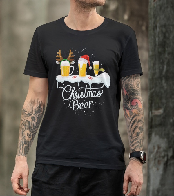 Christmas Beer Reindeer Antlers Santa Hat Snowflakes T-Shirt