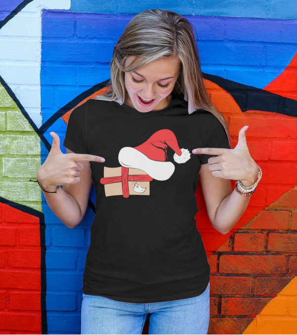 Christmas Santa Hat With Wrapped Gift Box And Tag T-Shirt