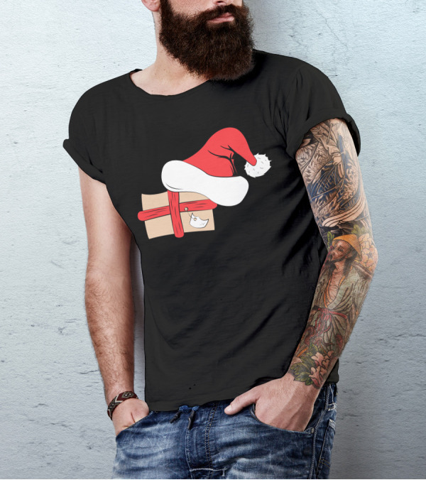 Christmas Santa Hat With Wrapped Gift Box And Tag T-Shirt