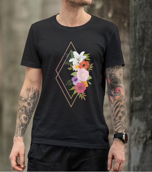 Colorful Geometric Floral Arrangement With Diamond Frame T-Shirt