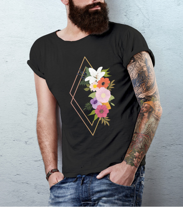Colorful Geometric Floral Arrangement With Diamond Frame T-Shirt