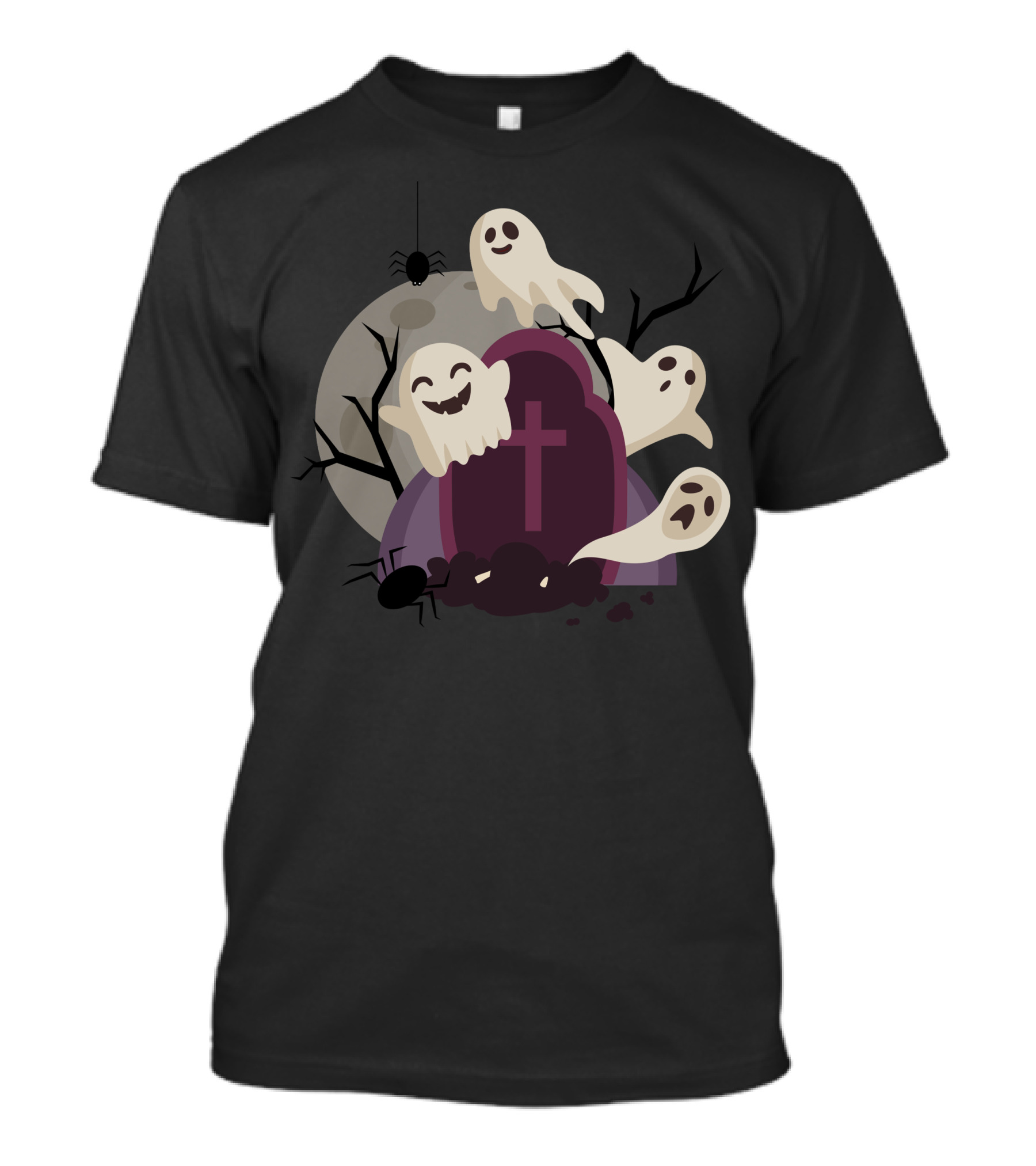 Retro Brown Flat Style Halloween Horror Grave Ghost Moon Spider T-Shirt