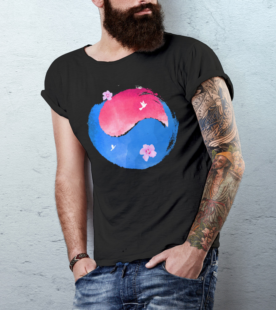 Watercolor Taiji Korean Flag Cherry Blossoms And Birds T-Shirt