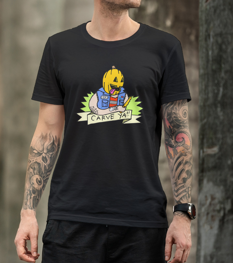 Carve Ya Pumpkin Head Grinning Tongue Out Halloween Vest Knife T-Shirt