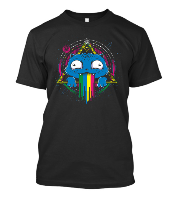 Cute Galaxy Rainbow Cat With Geometric Cosmic Background T-Shirt