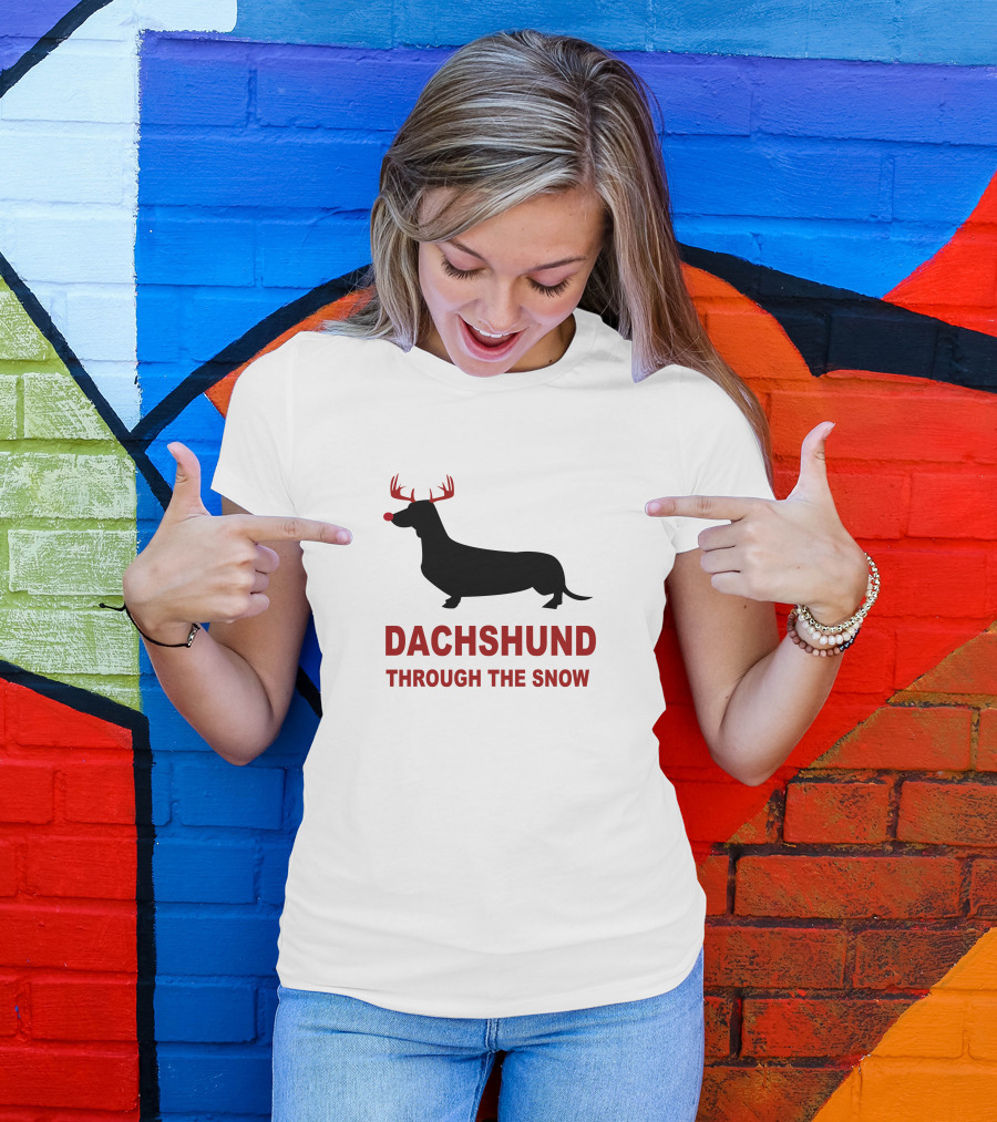 Dachshund Through The Snow Antler Reindeer Silhouette Red Nose T-Shirt