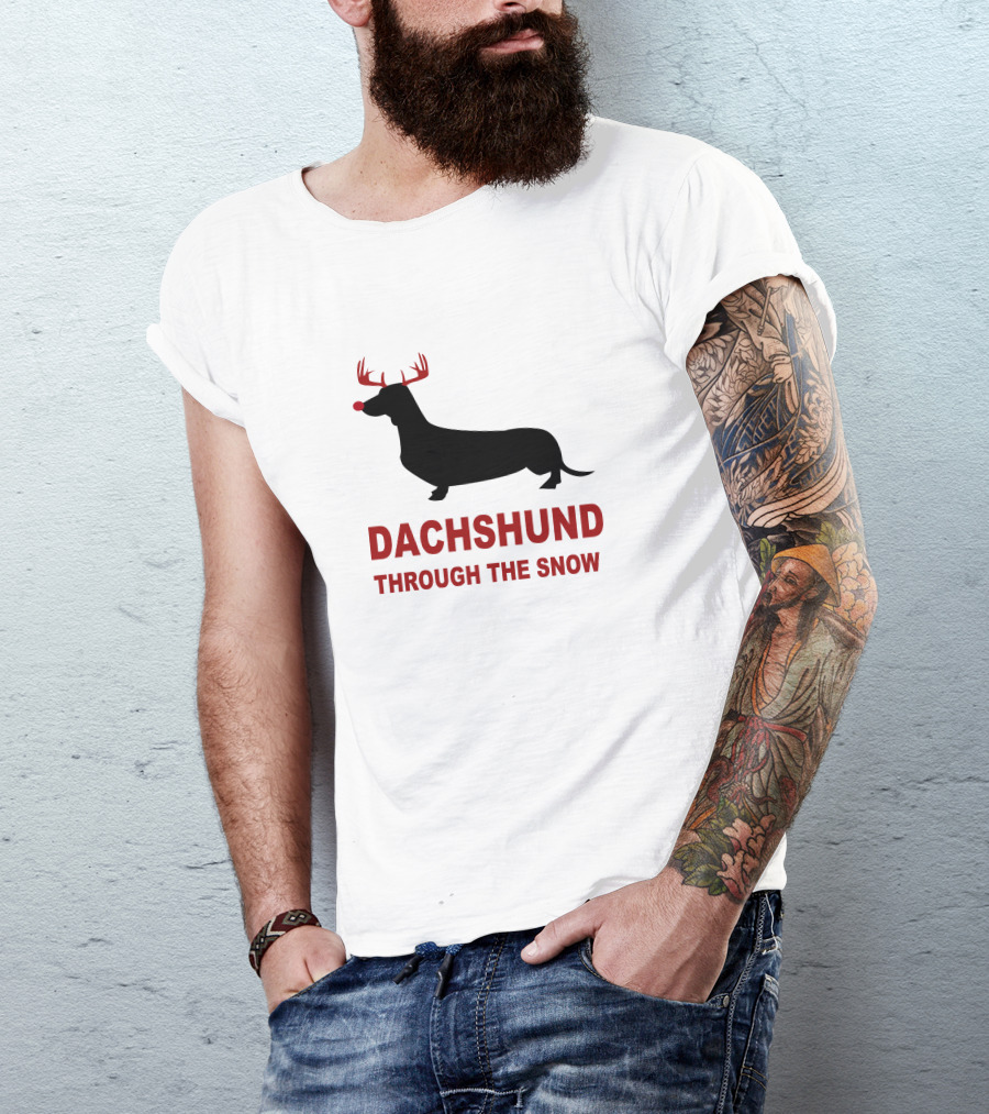 Dachshund Through The Snow Antler Reindeer Silhouette Red Nose T-Shirt