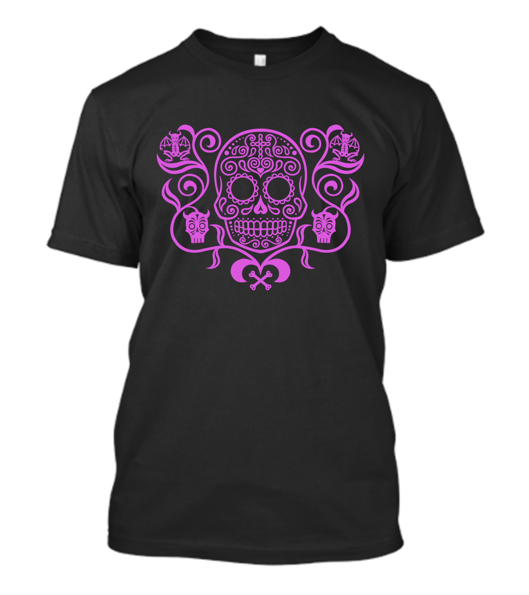 Day Of The Dead Sugar Skull Pink Bat Motif T-Shirt