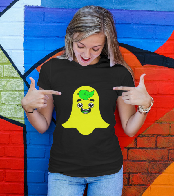 Guava Snap Ghost Emoji With Green Leaf Face T-Shirt