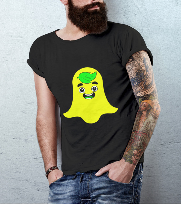 Guava Snap Ghost Emoji With Green Leaf Face T-Shirt