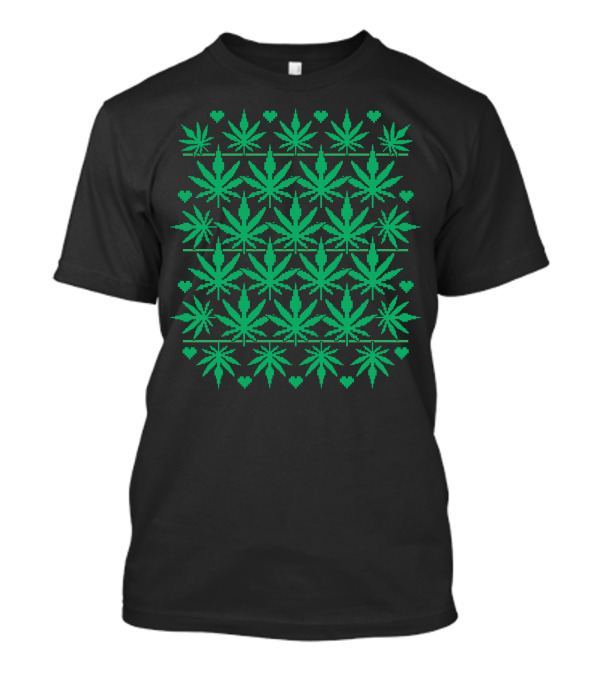 Marijuana Leaf Ugly Christmas Sweater Pattern Green Pixel Hearts T-Shirt