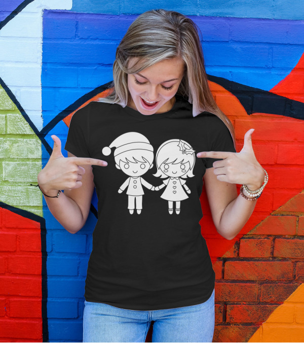 Mery And Holiday Couple Holding Hands With Christmas Hat And Holly T-Shirt