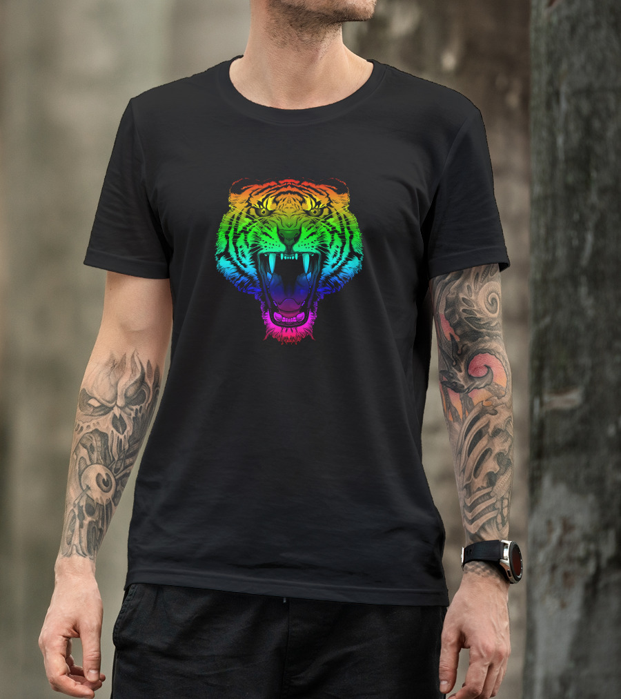 Smarttiger Vibrant Rainbow Roaring Tiger Face T-Shirt