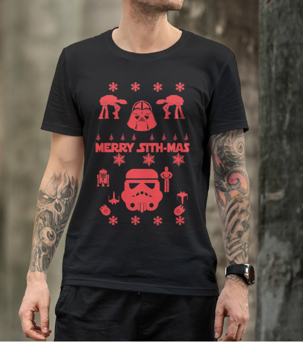 Merry Sith-Mas Star Wars Holiday Design Featuring Darth Vader Stormtrooper And Droids T-Shirt