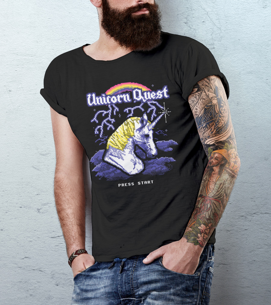 Unicorn Quest Press Start Retro Fantasy Adventure T-Shirt