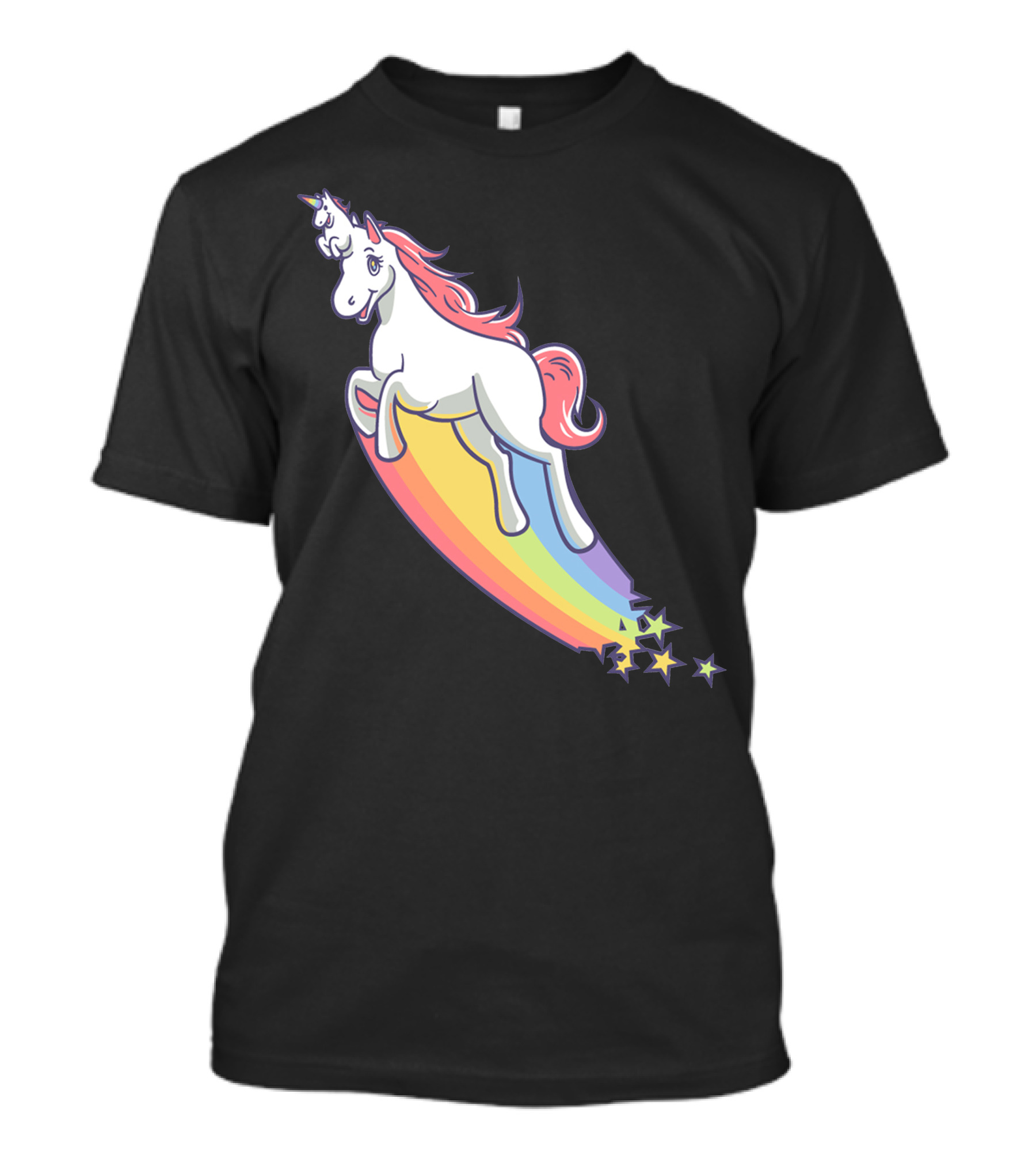 Unicorn With Baby Unicorn Riding Rainbow Trail With Stars T-Shirt