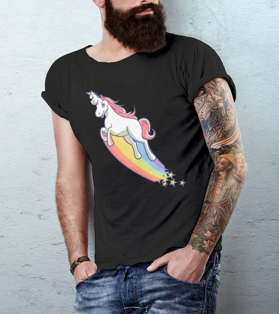 Unicorn With Baby Unicorn Riding Rainbow Trail With Stars T-Shirt