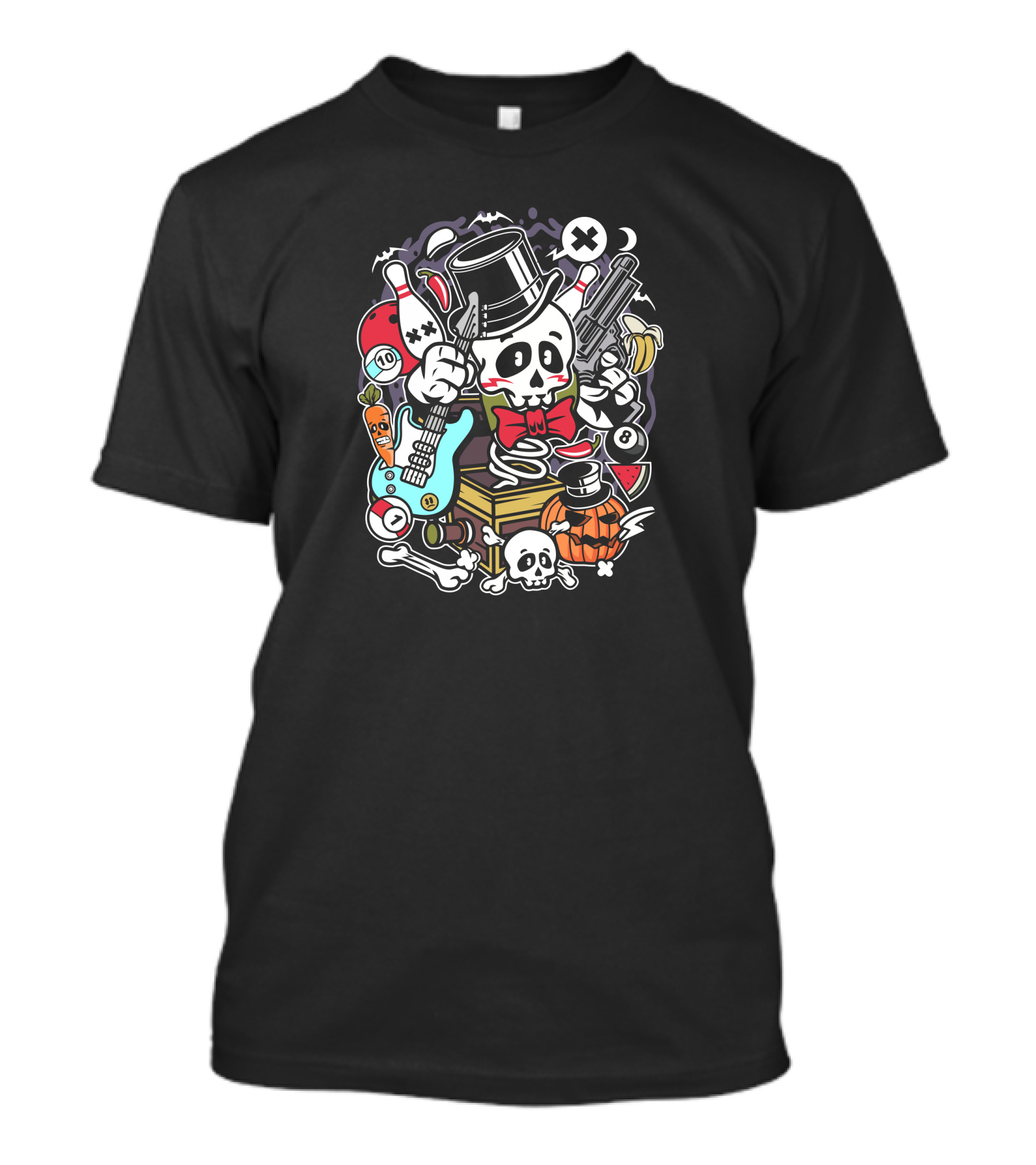 Skull Toy Box Top Hat Guitar Pumpkin Bowling Halloween T-Shirt