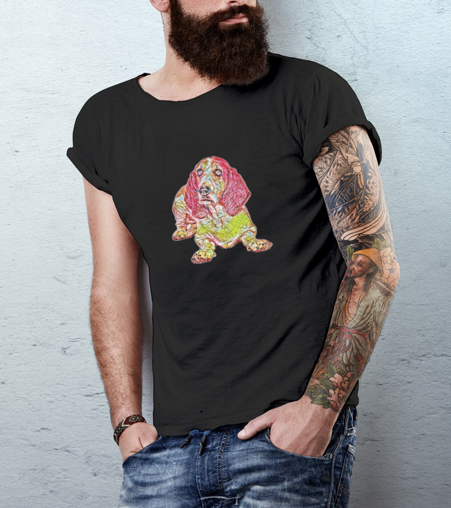 A Basset Hound Dog Laying Down In Colorful Texture T-Shirt
