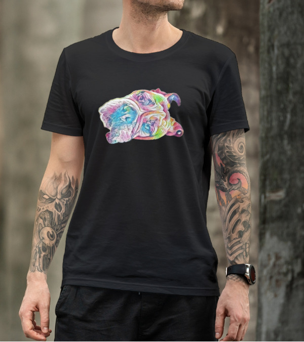 A Closeup Of The Face Of A Colorful Bulldog T-Shirt