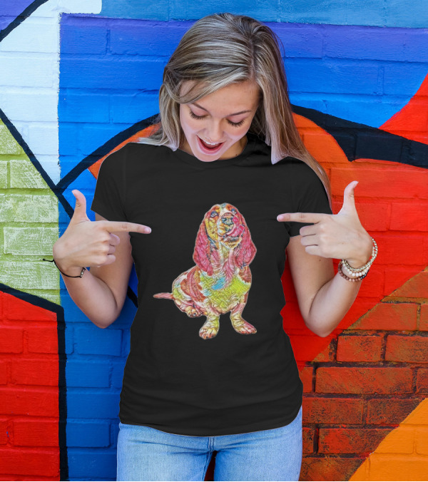 A Cute Basset Hound Dog Looki Vibrant Psychedelic Colors T-Shirt