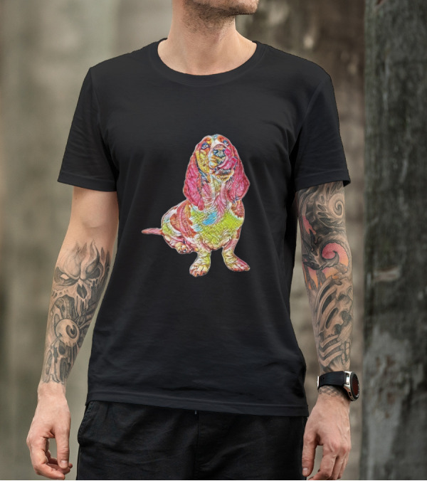 A Cute Basset Hound Dog Looki Vibrant Psychedelic Colors T-Shirt