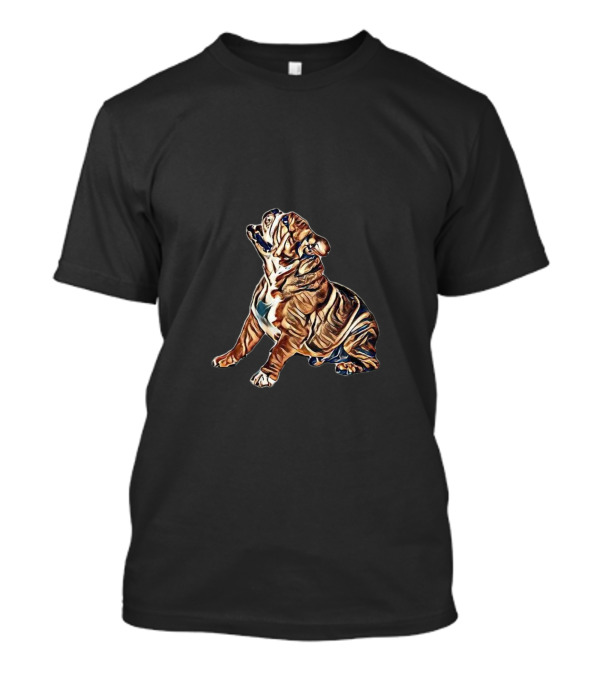 A Happy English Bulldog Looking Up In Colorful T-Shirt