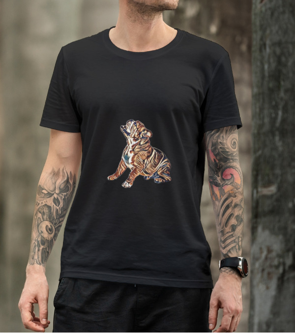 A Happy English Bulldog Looking Up In Colorful T-Shirt