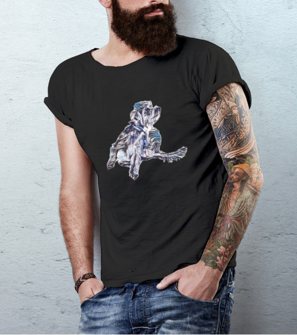 A Small Scruffy Dog Scratchin' Artwork With Textured Blue And White Lines T-Shirt