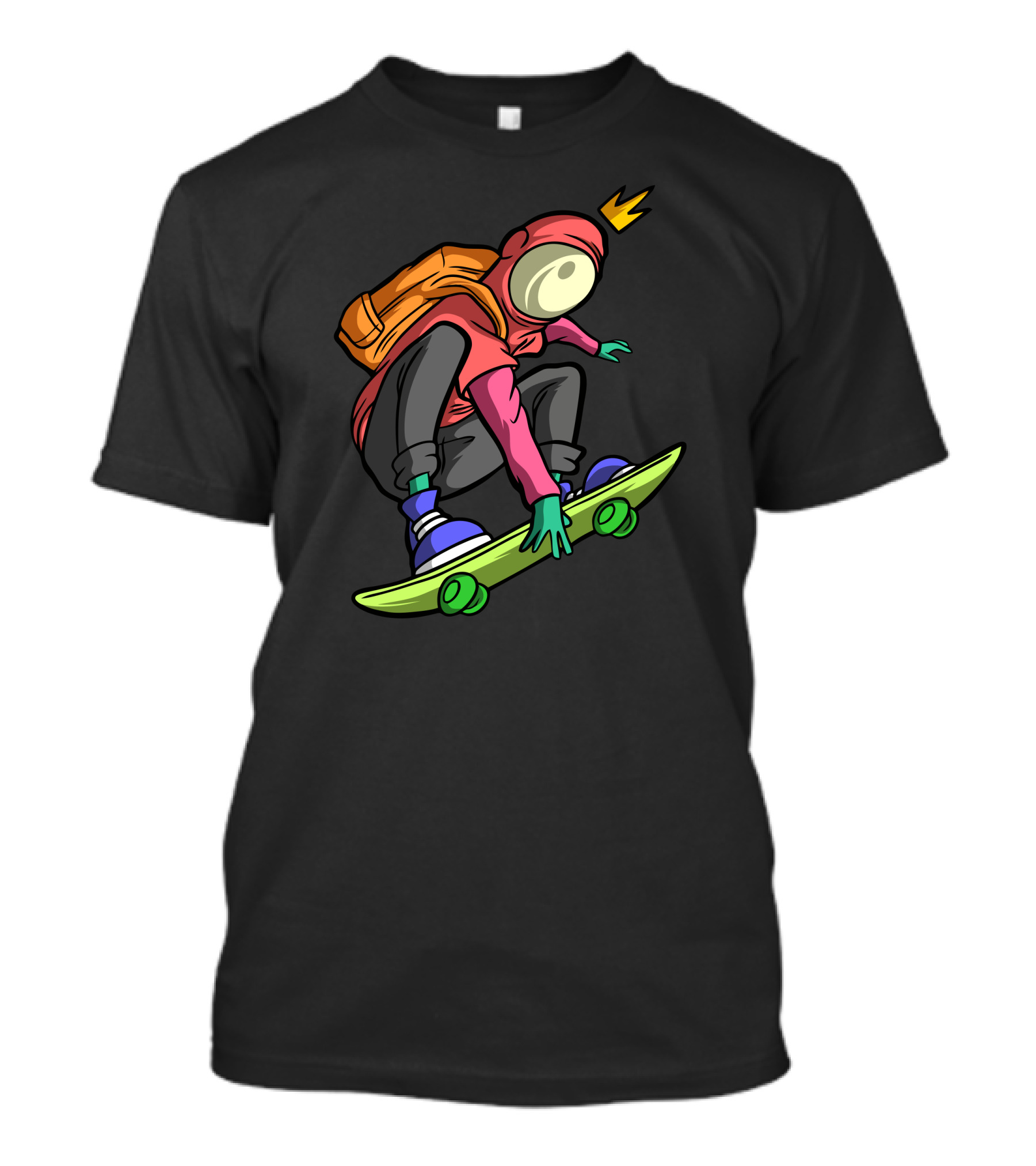 Alien Skateboarder With Backpack And Crown T-Shirt