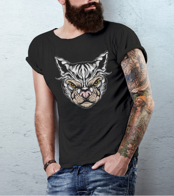Tiger-Striped Angry Cat Face T-Shirt