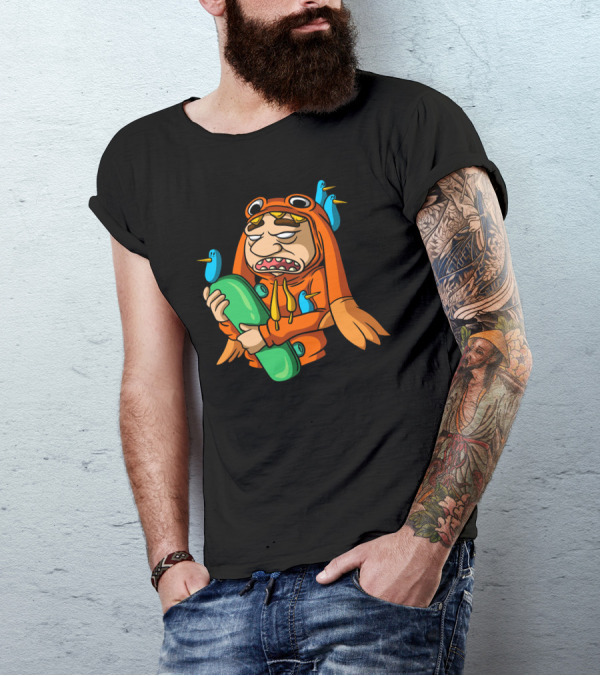 Bad Skateboard Man With Fish Hoodie And Angry Birds T-Shirt