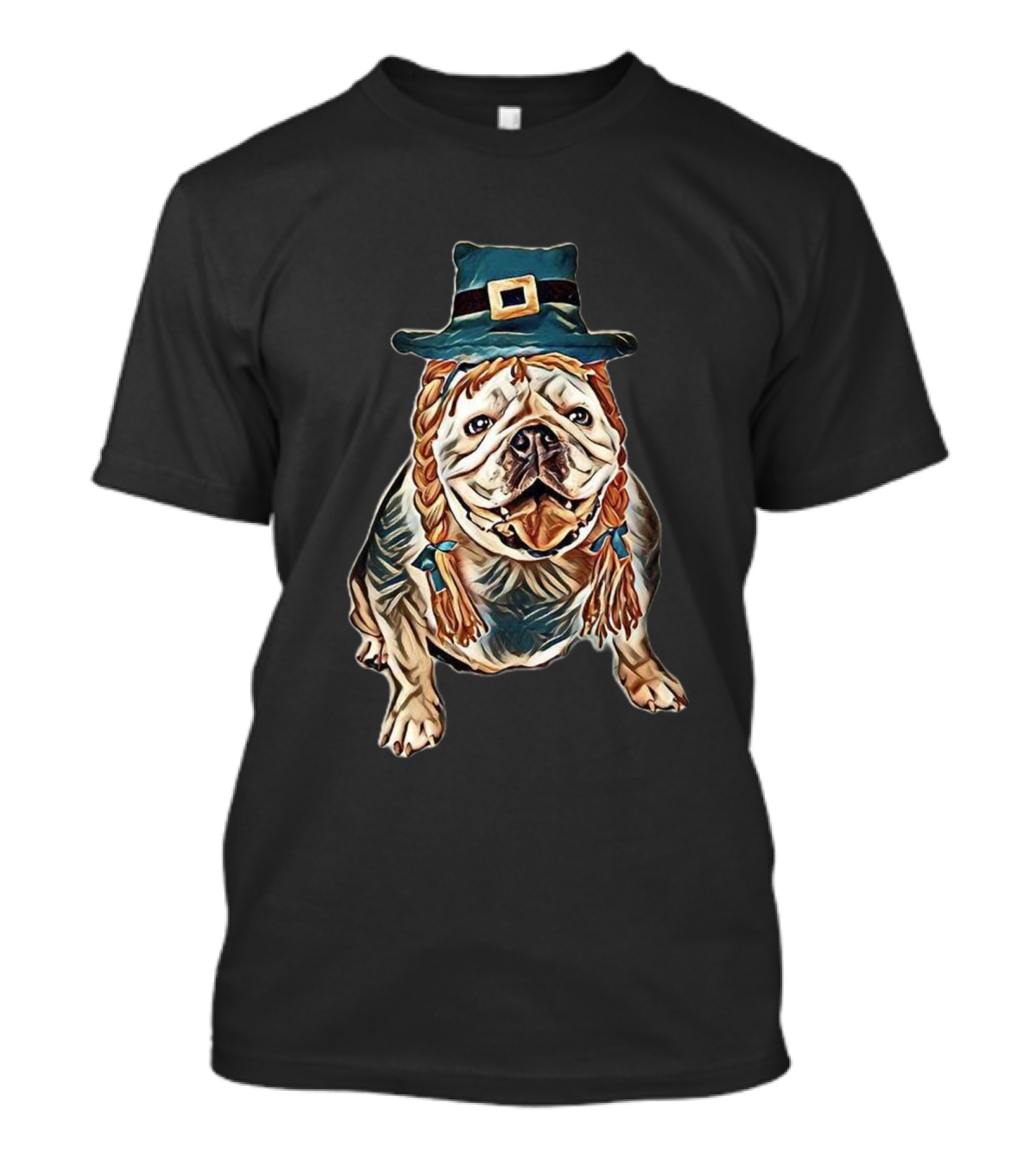 Bulldog Wearing Leprechaun Hat With Braided Hair Against White Background T-Shirt
