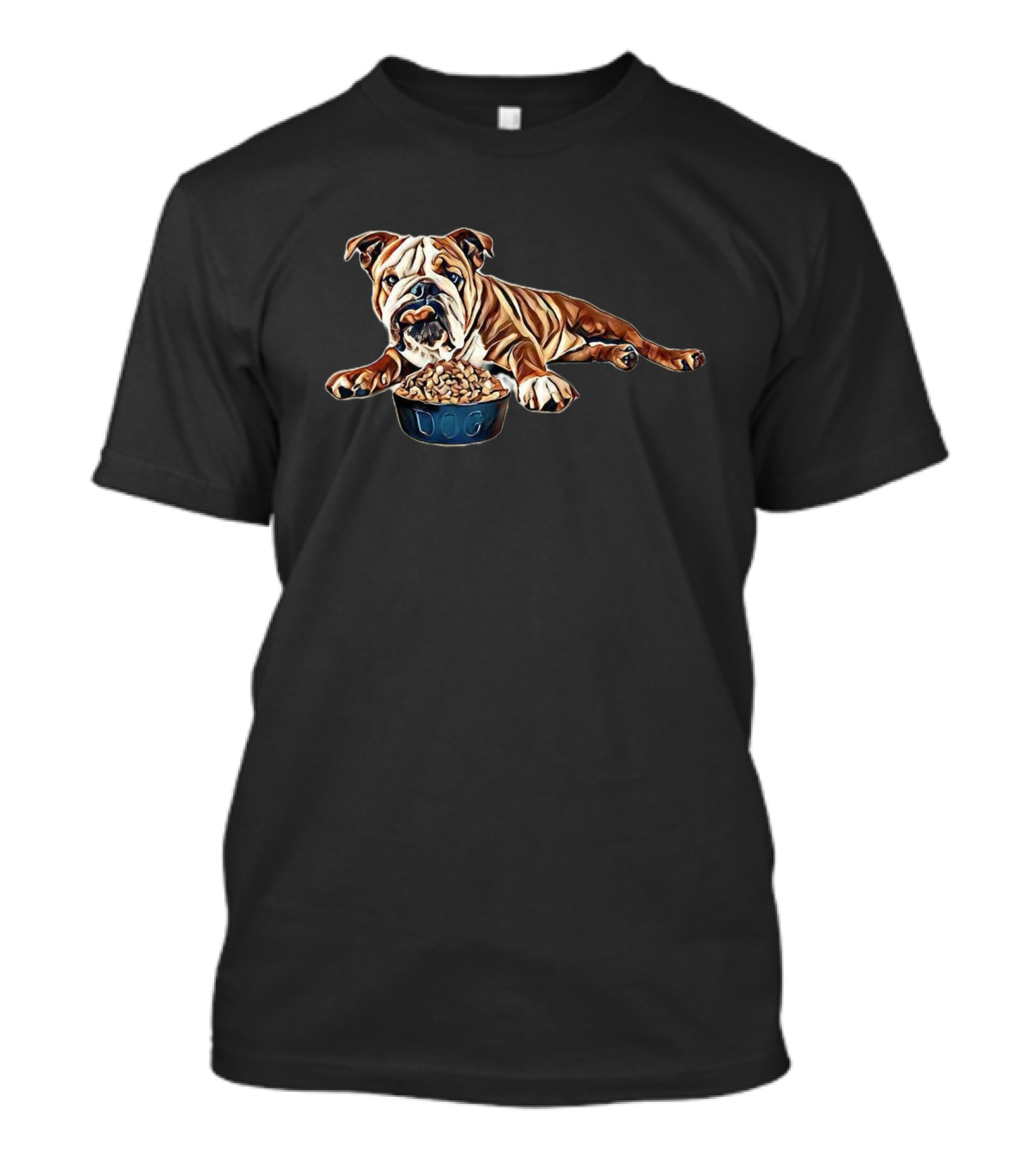 Bulldog Laying Against A Whit Dog Bowl Filled With Food T-Shirt