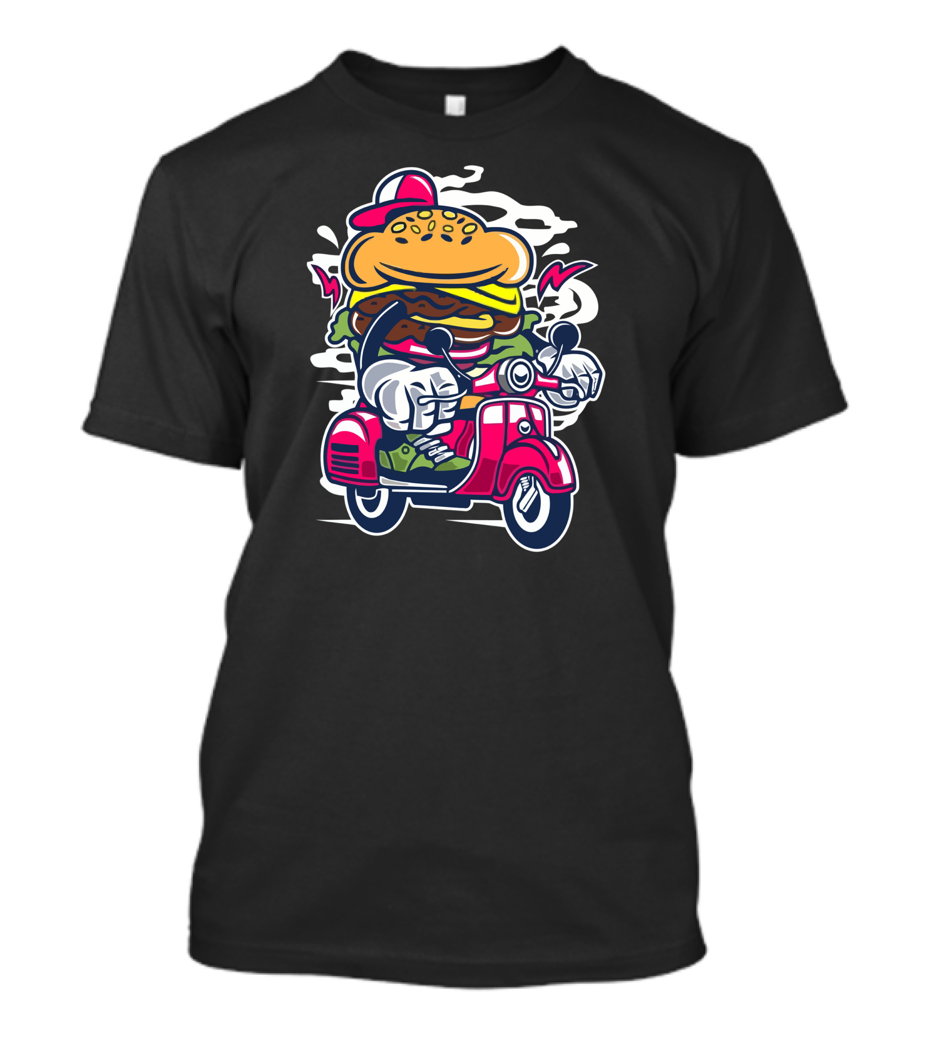 Burger Riding Scooter In Cartoon Style With Cap And Sneakers T-Shirt