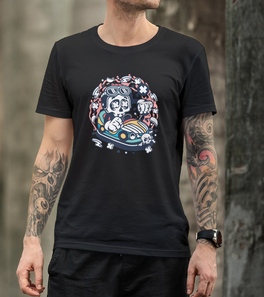 Skull Racer In Bumper Car With Crossbone Motif T-Shirt