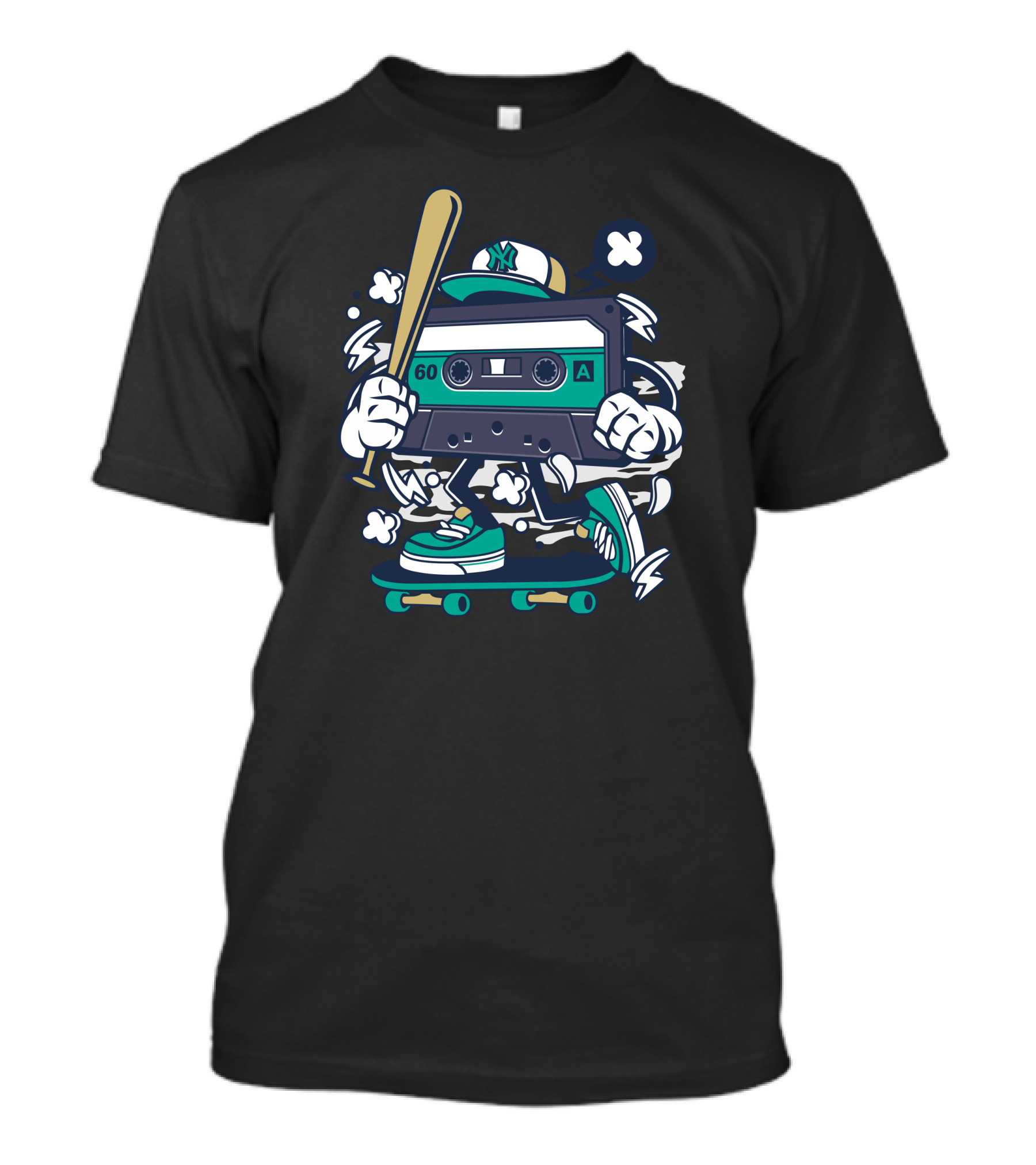 Yankees Cap Wearing Cassette Skater With Bat And Sneakers T-Shirt