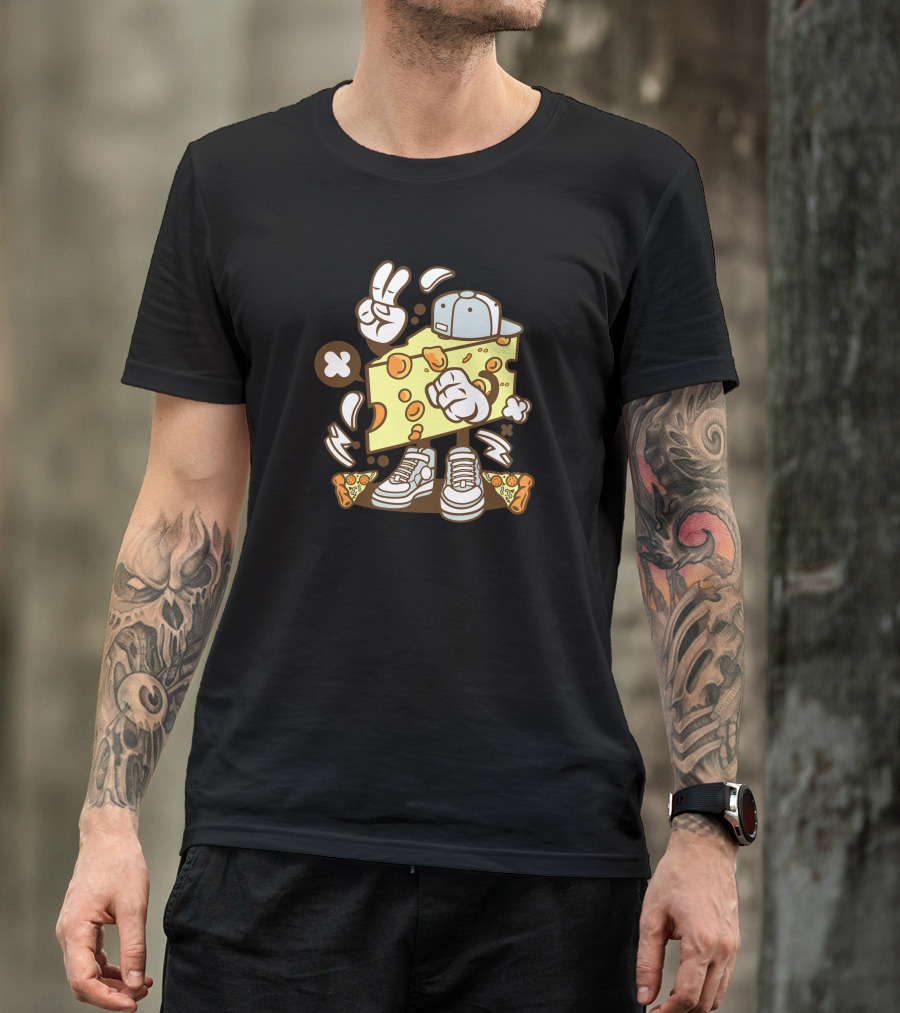 Cheese Cartoon With Sneakers And Pizza Elements T-Shirt