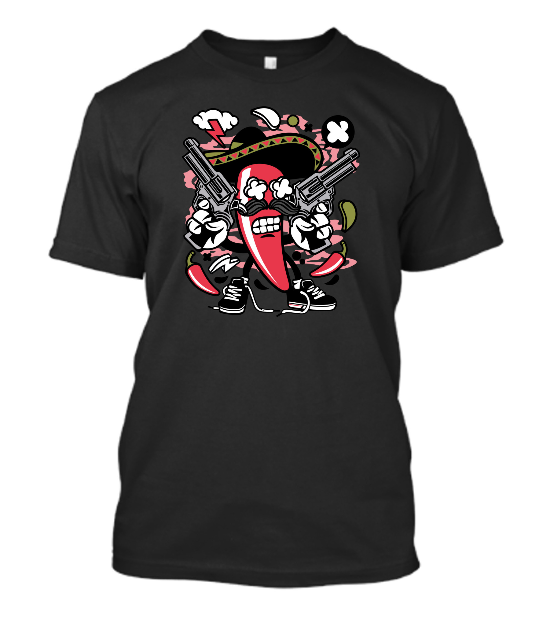 Chili Mexicano Spicy Cartoon With Sombrero And Guns T-Shirt