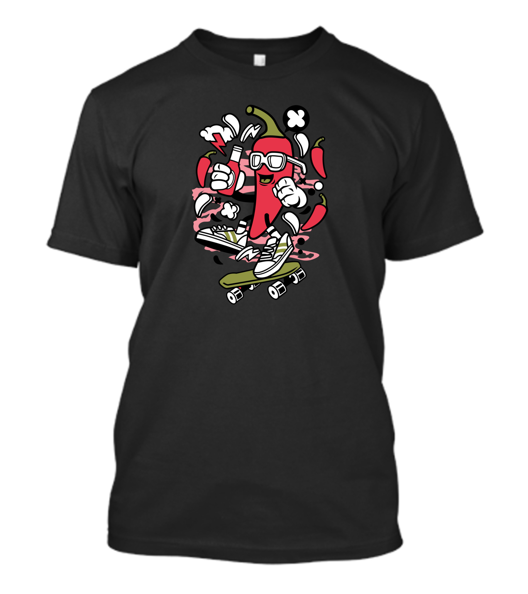 Chili Pepper Skater With Sunglasses And Bottles T-Shirt