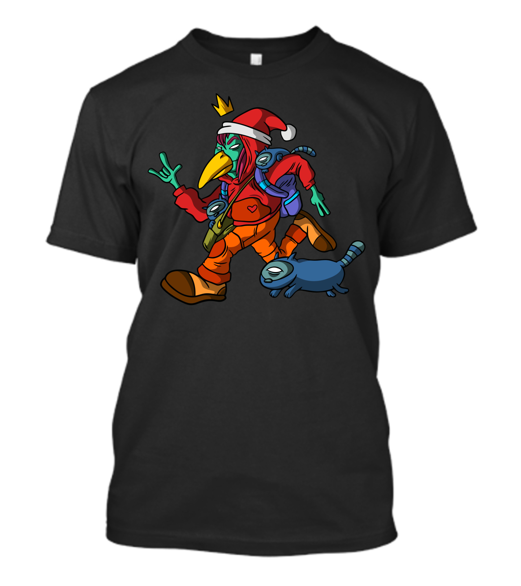 Christmas Running Bird Creature With Cat Companion T-Shirt