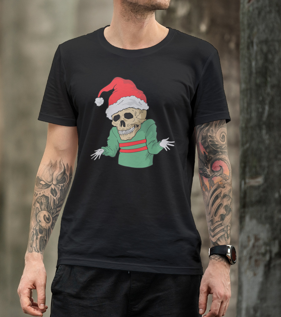 Christmas Skull Santa Hat Skeletal Shrug Holiday Humor T-Shirt