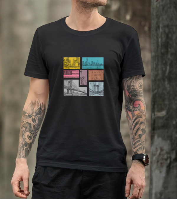 New York City Skyline Statue Liberty Brooklyn Bridge American Flag T-Shirt