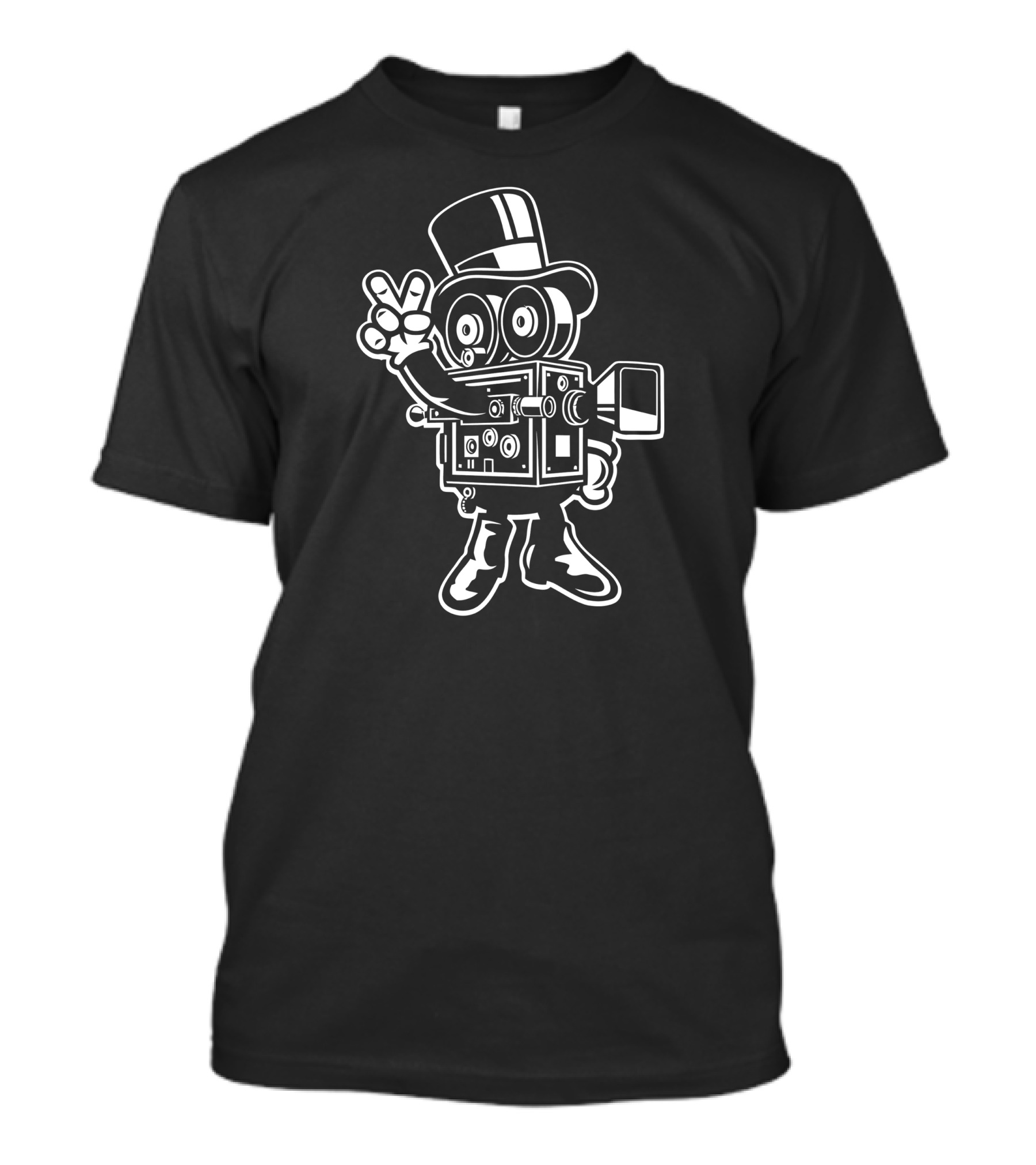 Classic Cameraman Vintage Cartoon Character With Top Hat And Peace Sign T-Shirt