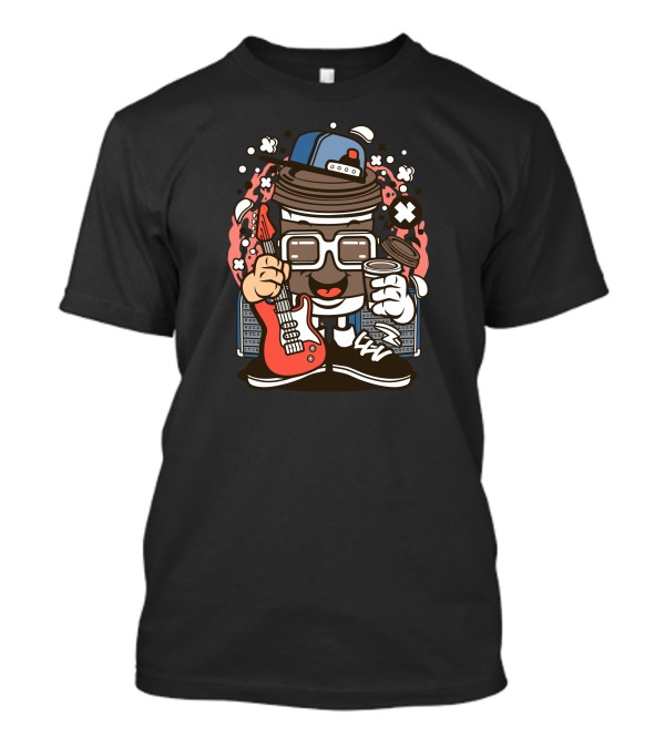 Coffee Cup Rocker Holding Electric Guitar With Cap And Sunglasses T-Shirt