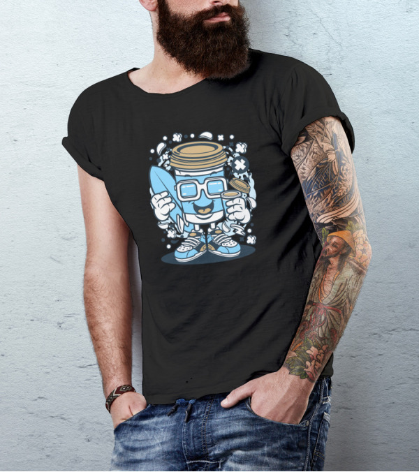 Coffee Cup Surfer Fun Cool Glasses Sneakers T-Shirt