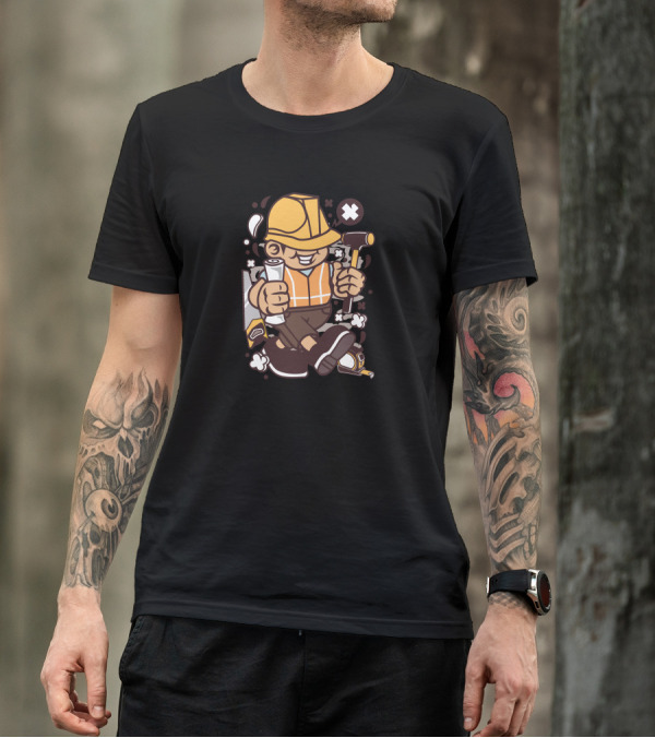 Construction Worker Cartoon With Hard Hat And Tools T-Shirt