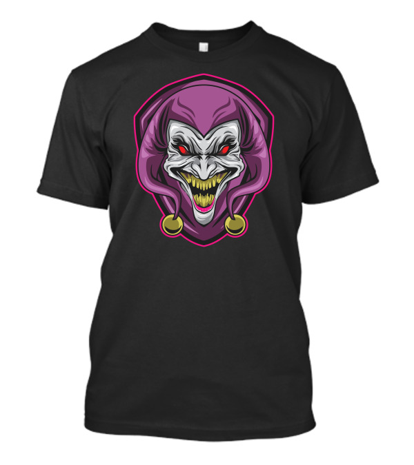 Crazy Joker Clown Face With Evil Grin And Purple Jester Hat T-Shirt