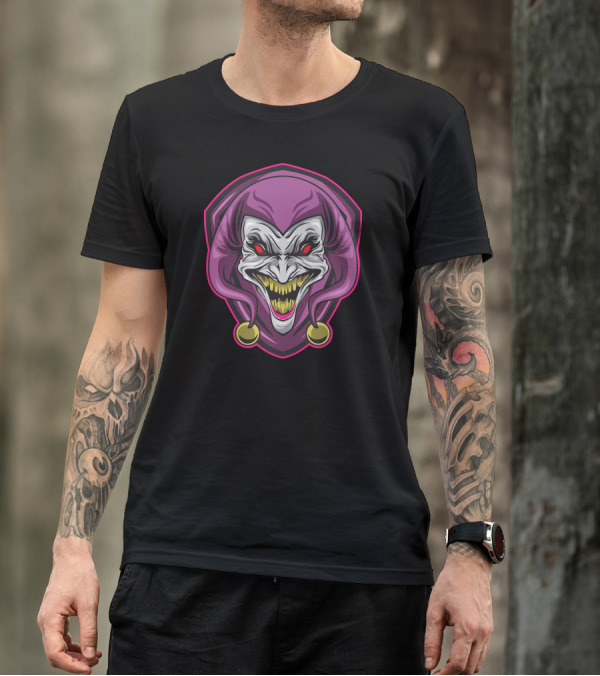 Crazy Joker Clown Face With Evil Grin And Purple Jester Hat T-Shirt